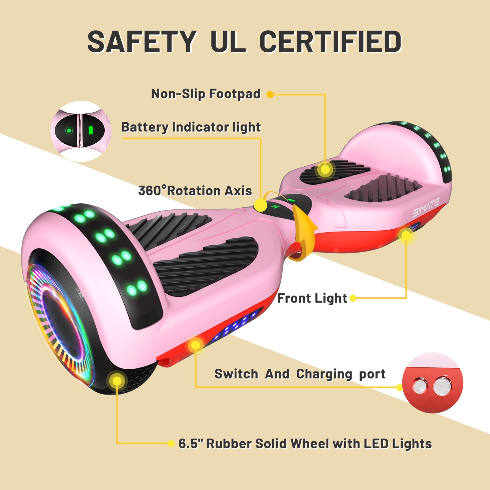 Apato Bluetooth Hoverboard 6.5 7.3 Mph 7.5 Miles Range Peppa Pink for kids